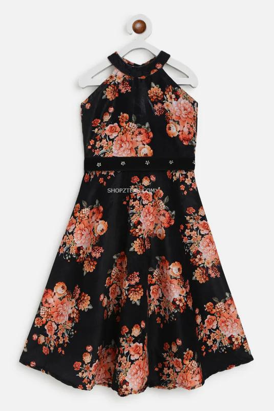 Black Floral Velvet Dress