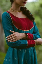 Blue Indo Western Slit Dress with Red Pants