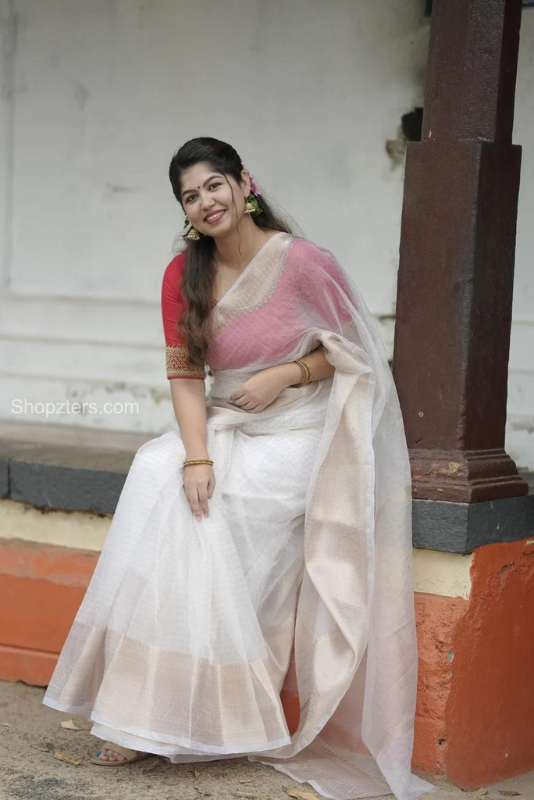 Off White Organza Silk Saree With Red Handwork Blouse