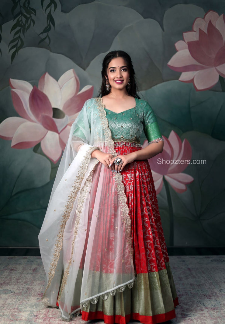 Red And Green Banarasi Silk Dress With White Dupatta