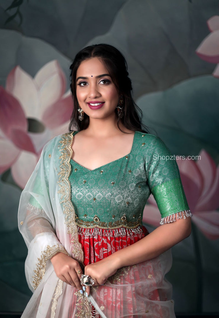 Red And Green Banarasi Silk Dress With White Dupatta