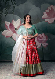 Red And Green Banarasi Silk Dress With White Dupatta