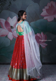 Red And Green Banarasi Silk Dress With White Dupatta
