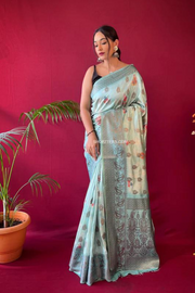 Soft Silk Floral Prints Saree With Woven Motifs