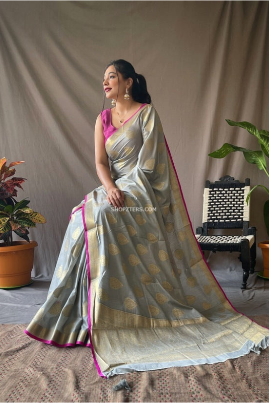 Two Toned Soft Silk Woven Saree With Zari Border