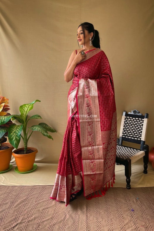 Checked Saree With Silver Zari Motifs