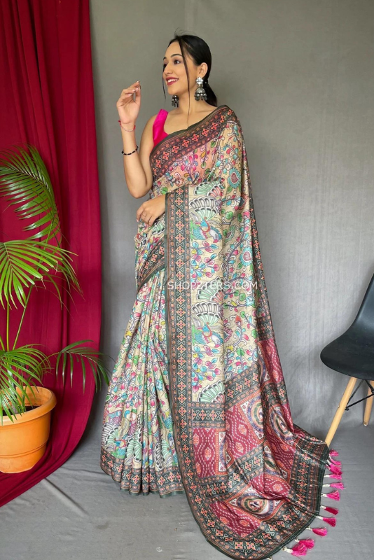 Cotton Saree With Bandhani Kalamkari Prints