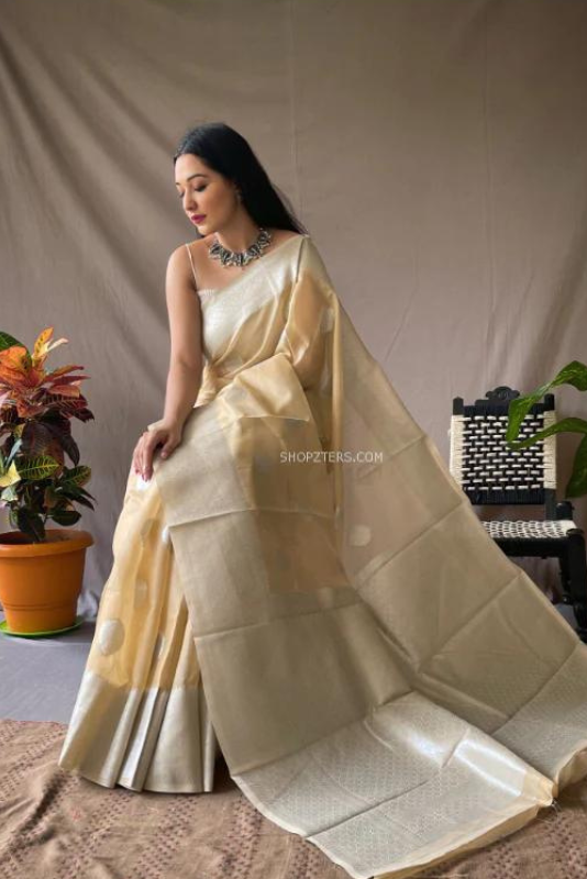 Linen Silk Sarees with Silver Zari Weaving Leaf Motifs