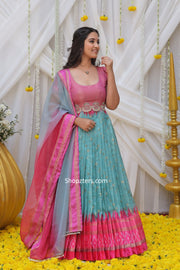 Pink and Blue Copper Kota Zari Dress