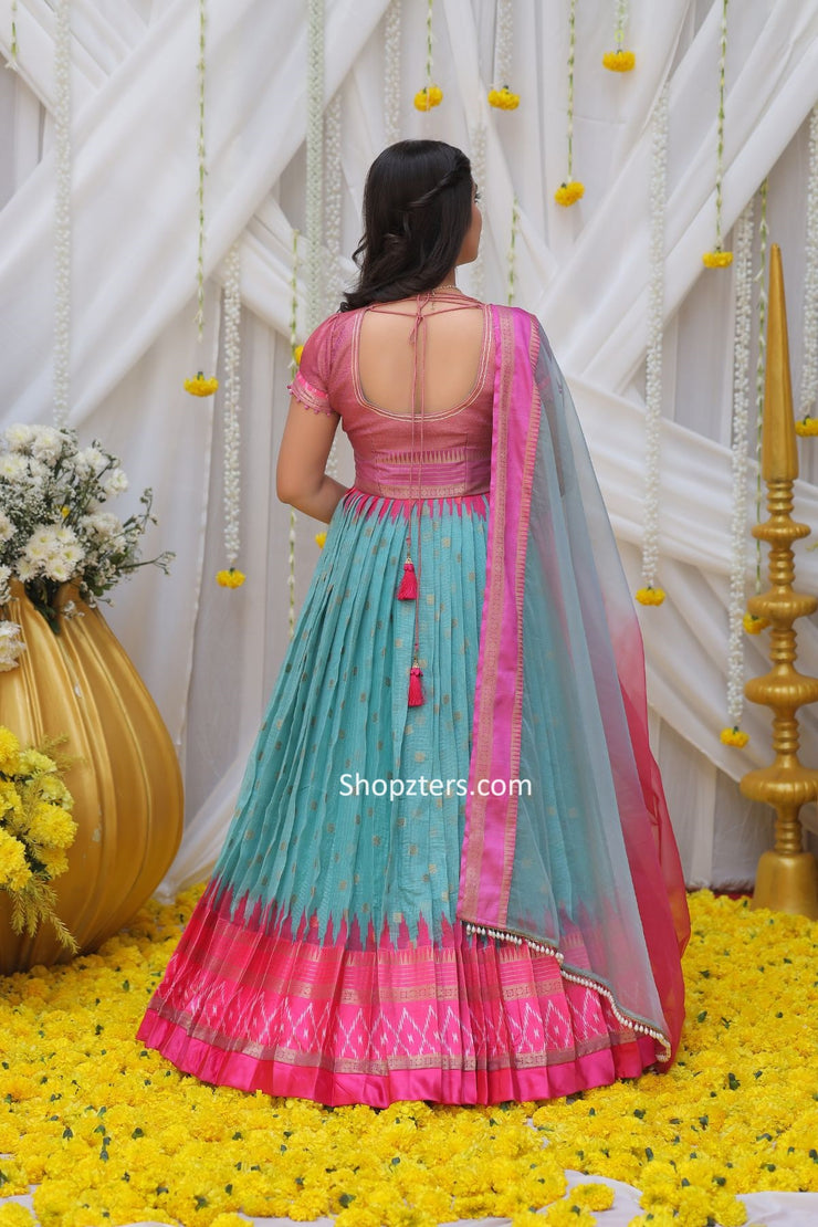 Pink and Blue Copper Kota Zari Dress