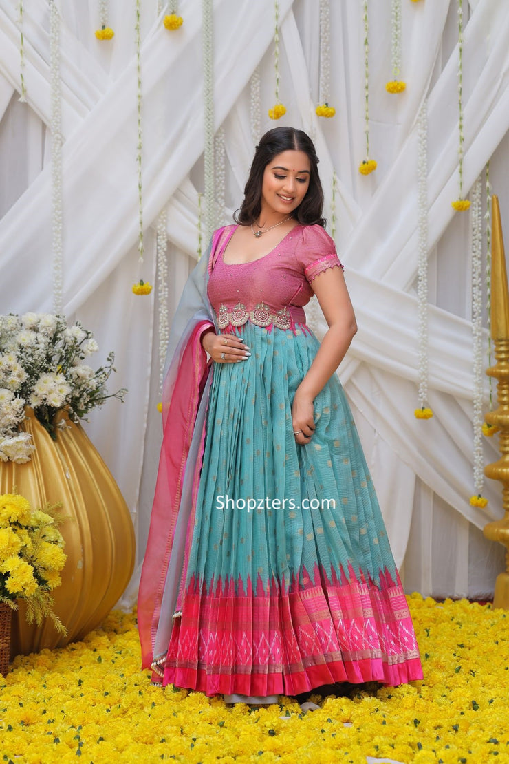 Pink and Blue Copper Kota Zari Dress