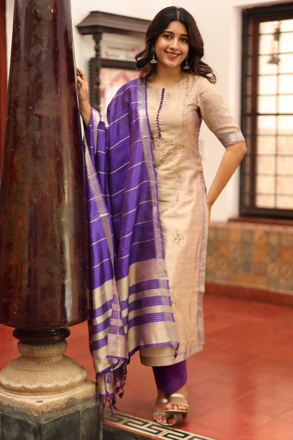 MANGLAGIRI COTTON GRAY AND PURPLE SUIT SET