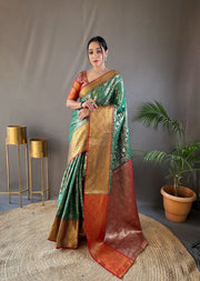 Checked Pattern Peacock And Elephant Buttas Silk Saree