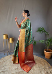 Checked Pattern Peacock And Elephant Buttas Silk Saree