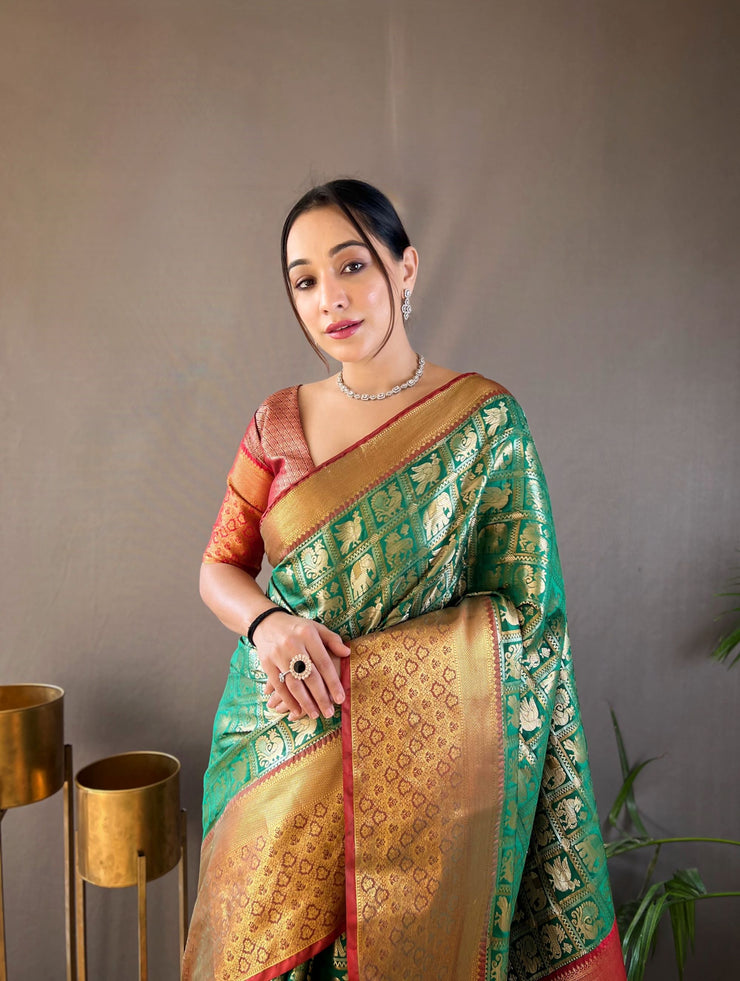 Checked Pattern Peacock And Elephant Buttas Silk Saree