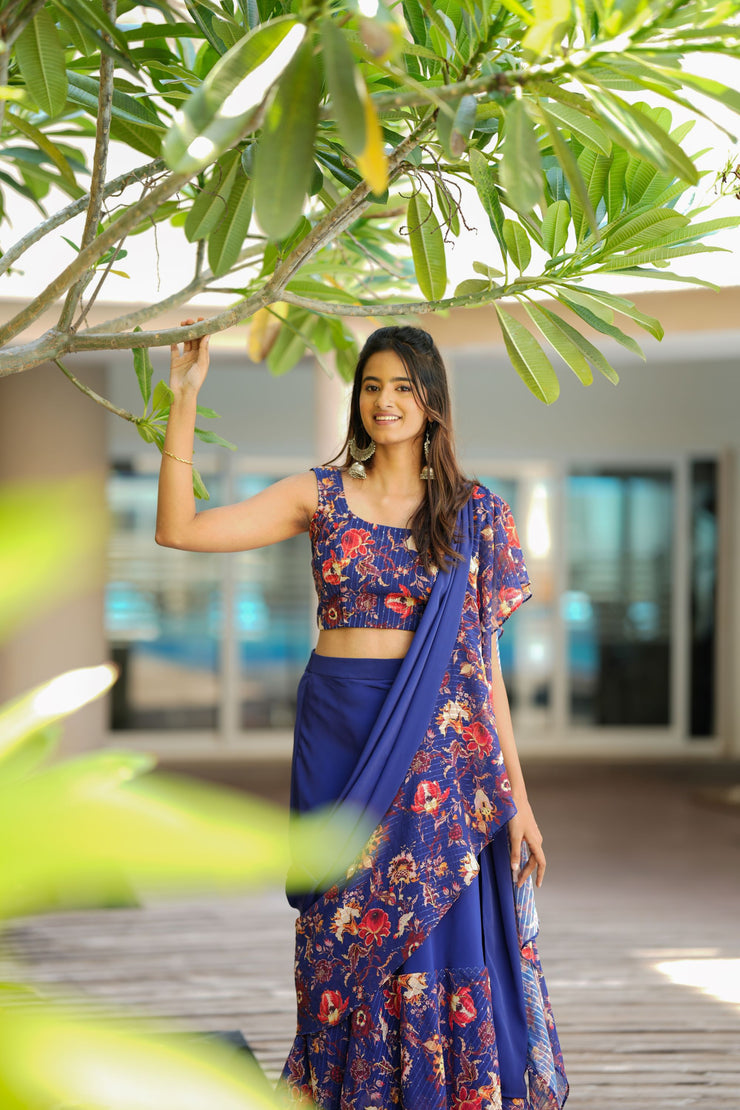 Blue Ruffled Half Saree