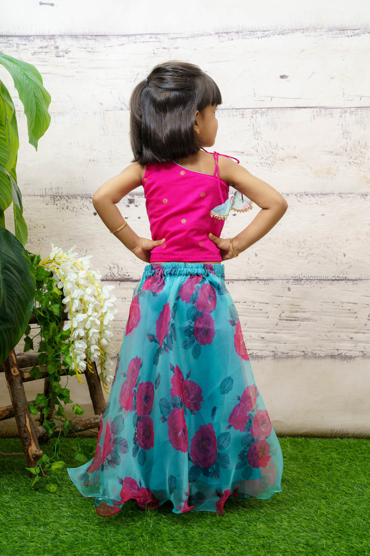 Pink Crop Top and Green Floral Organza Skirt Mini