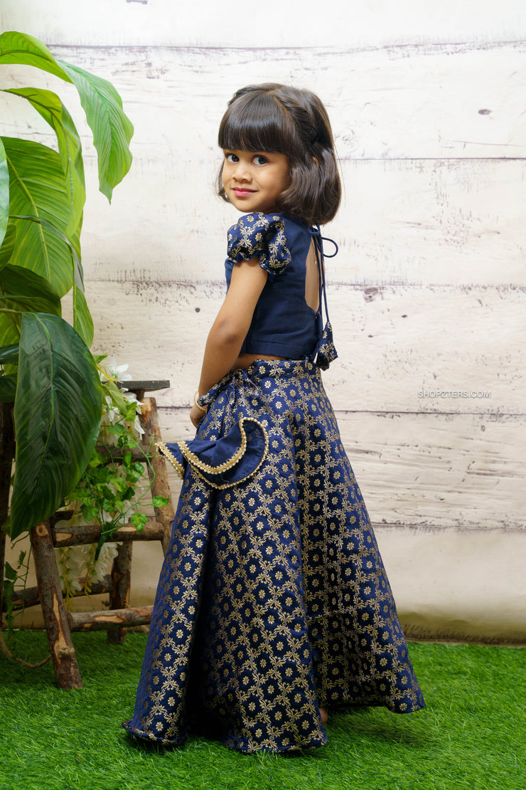 Blue Banarasi Crop Top & Skirt - Mini