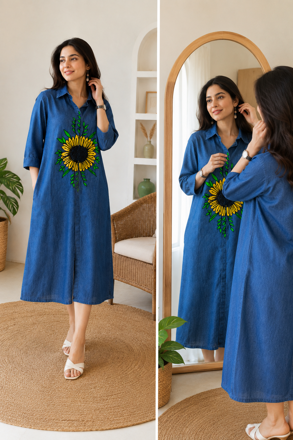 Sunflower Embroidery Denim Midi Dress