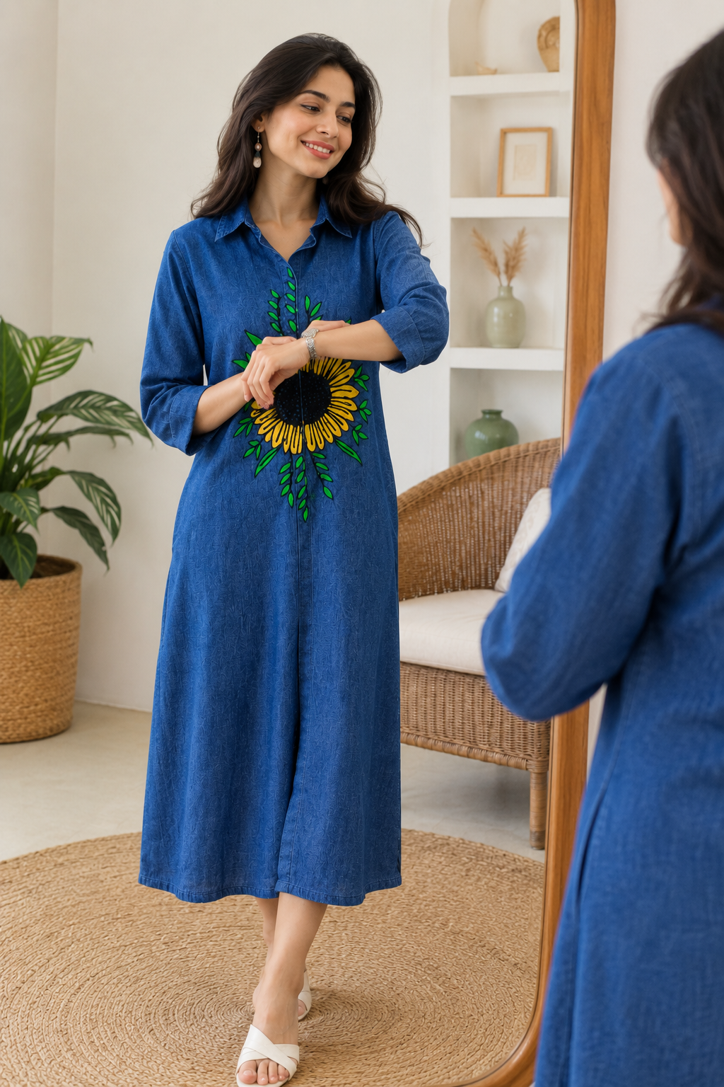 Sunflower Embroidery Denim Midi Dress