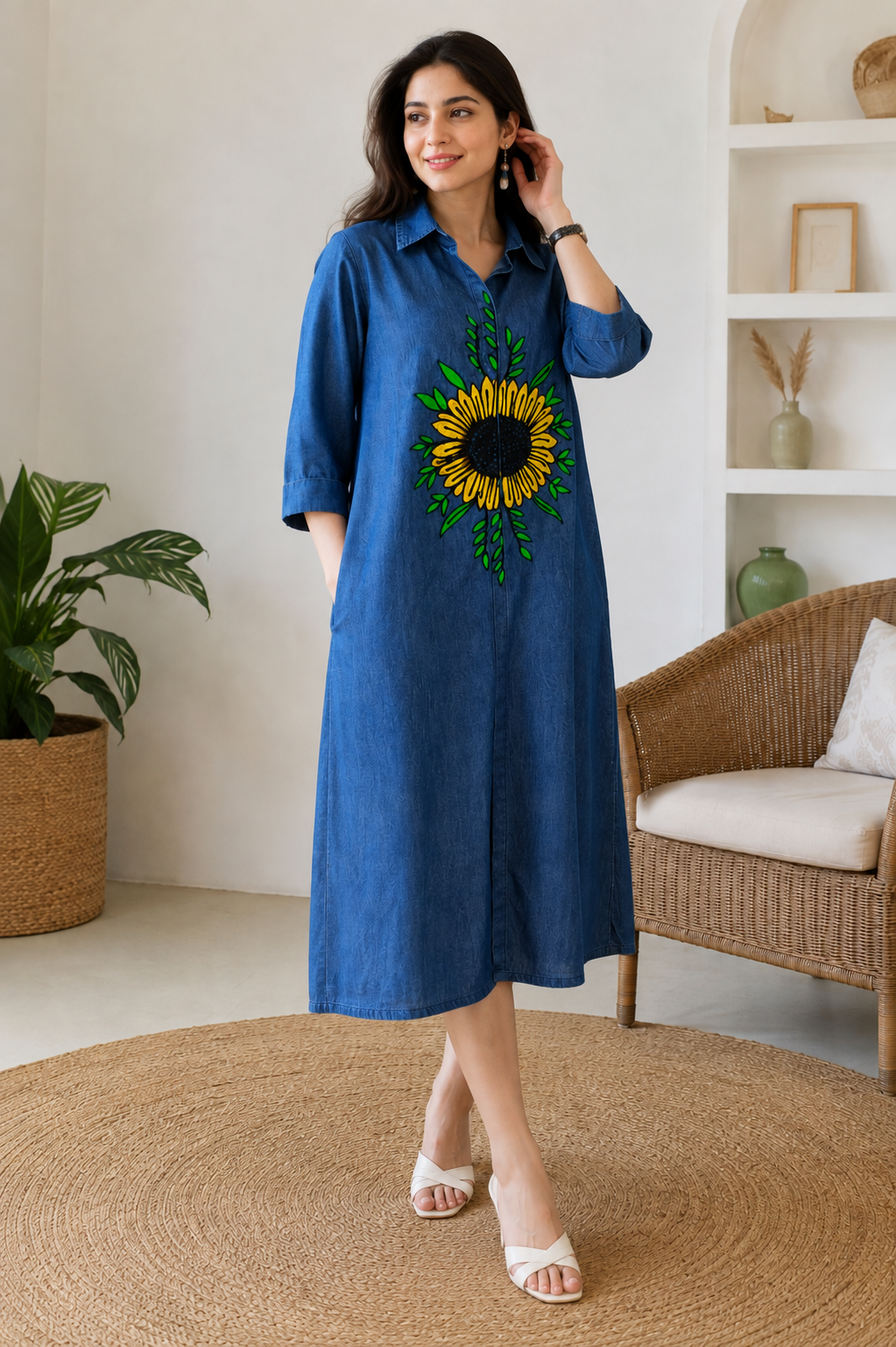 Sunflower Embroidery Denim Midi Dress