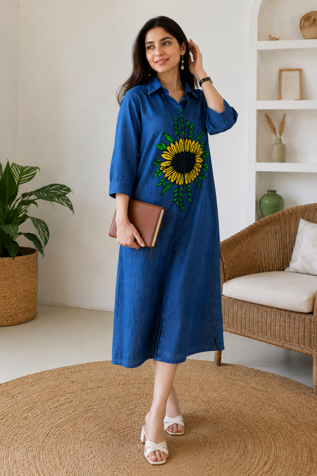 Sunflower Embroidery Denim Midi Dress