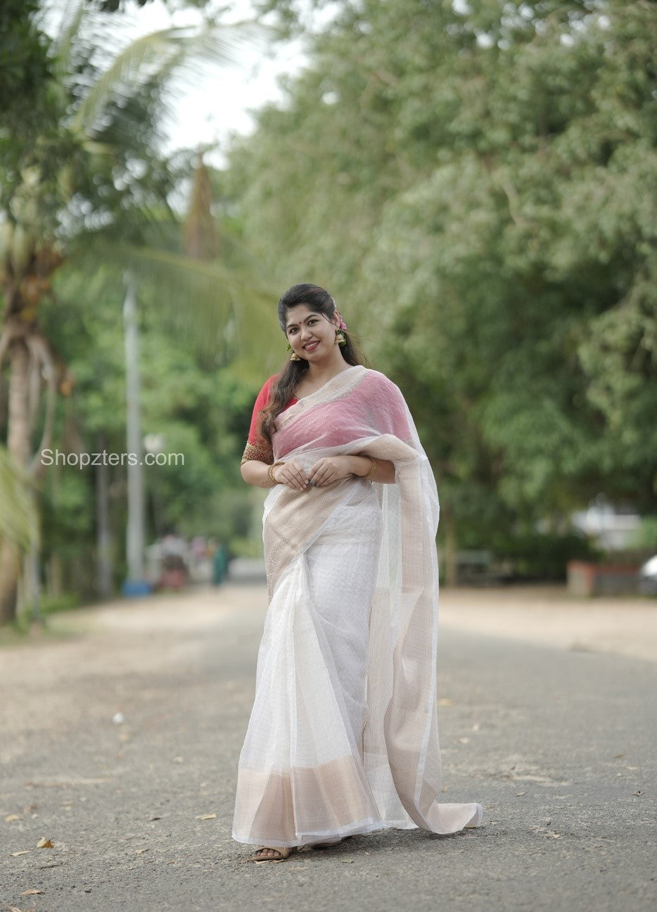 Off White Organza Silk Saree With Red Handwork Blouse