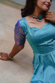 Blue Dupion Silk Dress with Royal Blue Zari Border
