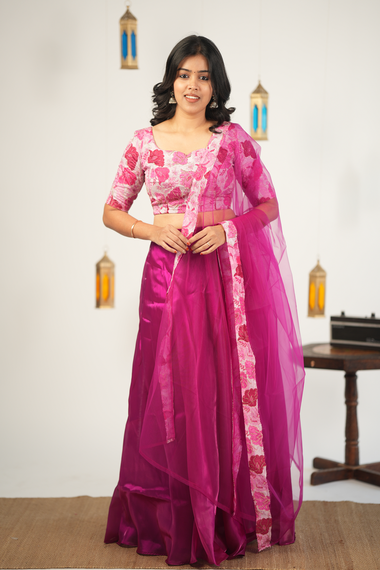 Pinkish Purple Skirt with Designer floral Crop Top with Net Dupatta