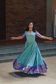 Blue Dupion Silk Dress with Royal Blue Zari Border