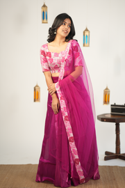 Pinkish Purple Skirt with Designer floral Crop Top with Net Dupatta