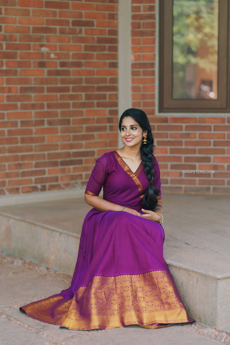 WIne Narayanpet Silk Cotton Dress with Zari Border