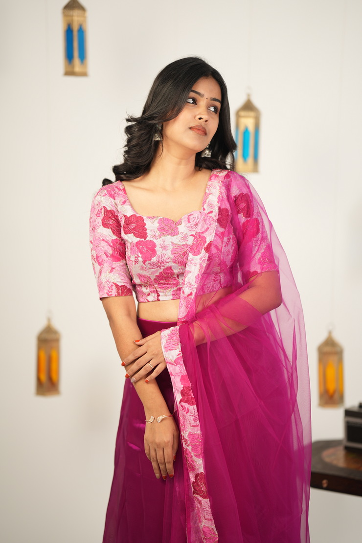 Pinkish Purple Skirt with Designer floral Crop Top with Net Dupatta