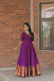 WIne Narayanpet Silk Cotton Dress with Zari Border