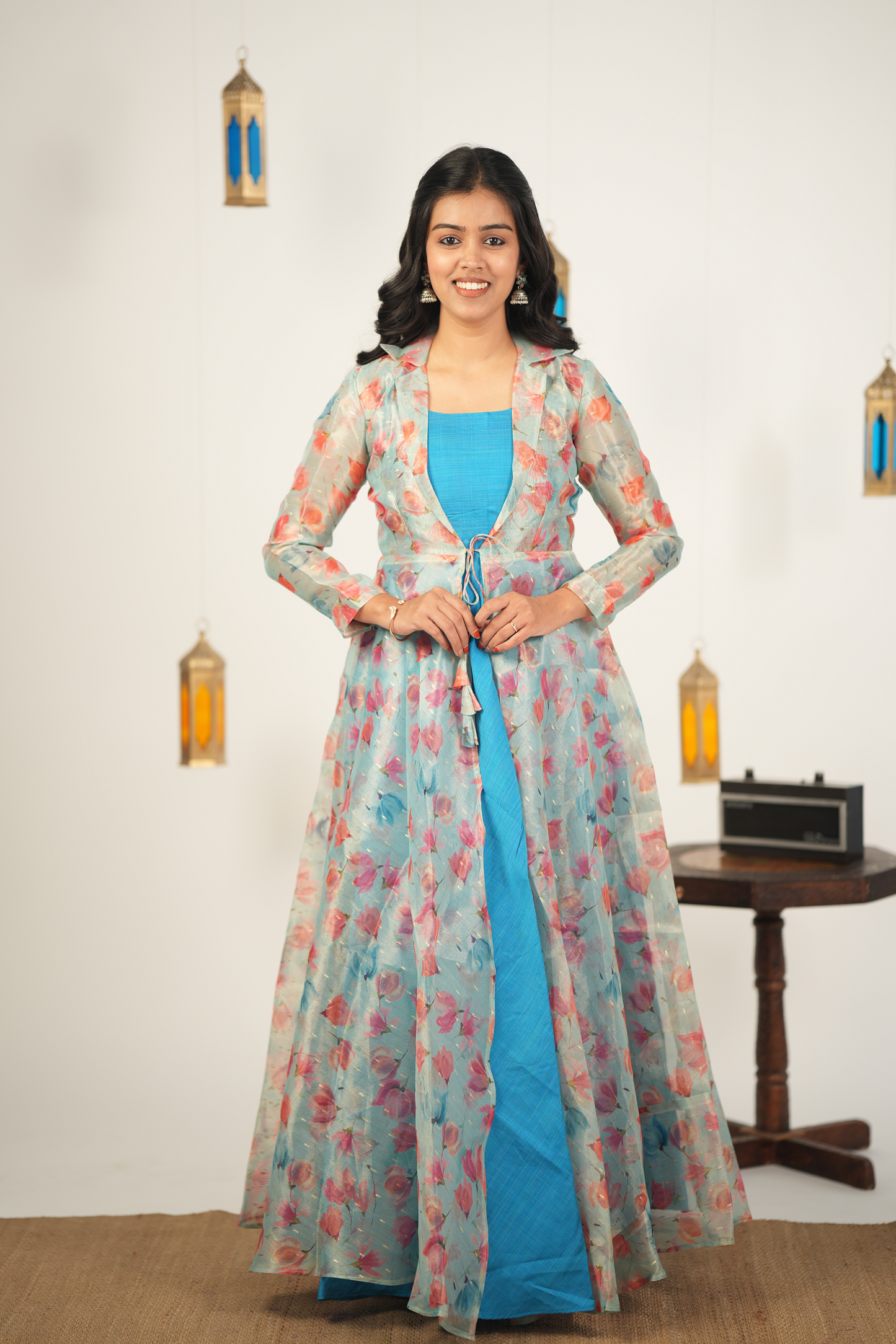 Sky Blue Semi Silk Kurti with Floral Ditachable Over Coat model