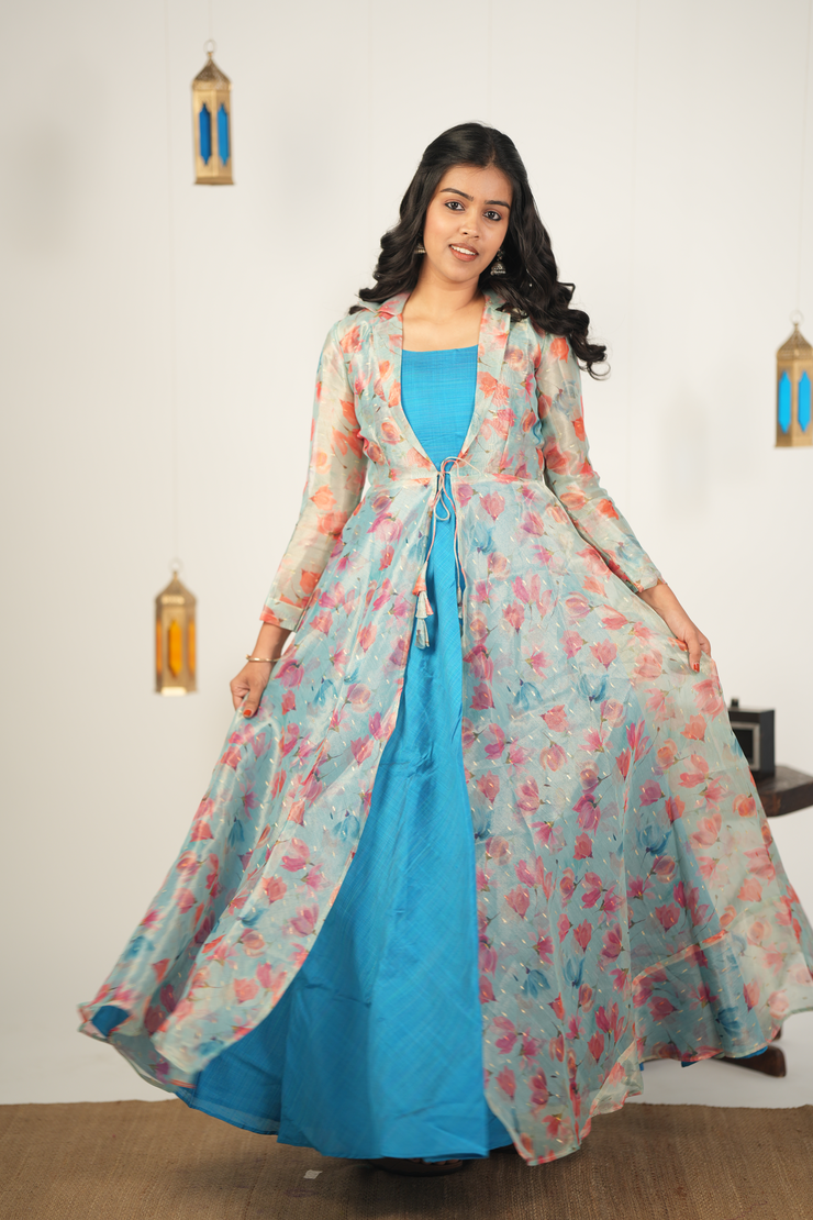 Sky Blue Semi Silk Kurti with Floral Ditachable Over Coat model