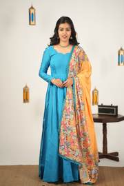 Sky Blue Semi Dupion Silk Kurti with Floral Dupatta