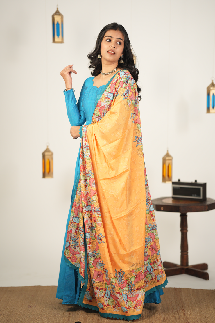 Sky Blue Semi Dupion Silk Kurti with Floral Dupatta