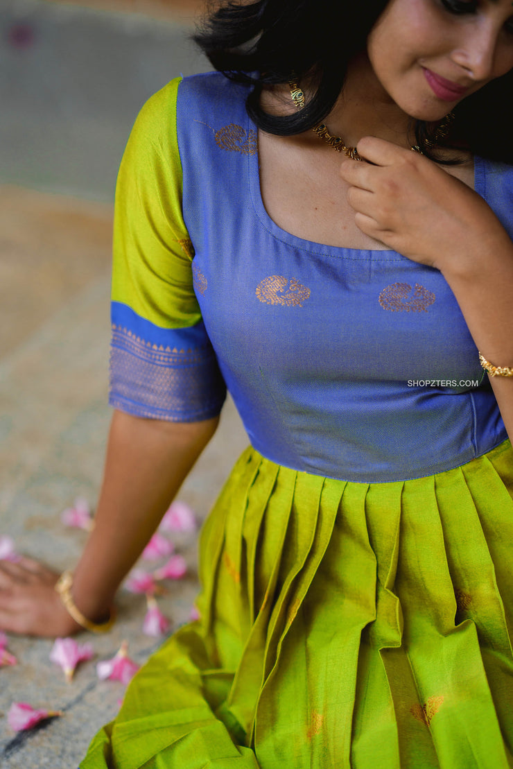 Lime Green Anarkali Dress with Rotal Blue Zari Border