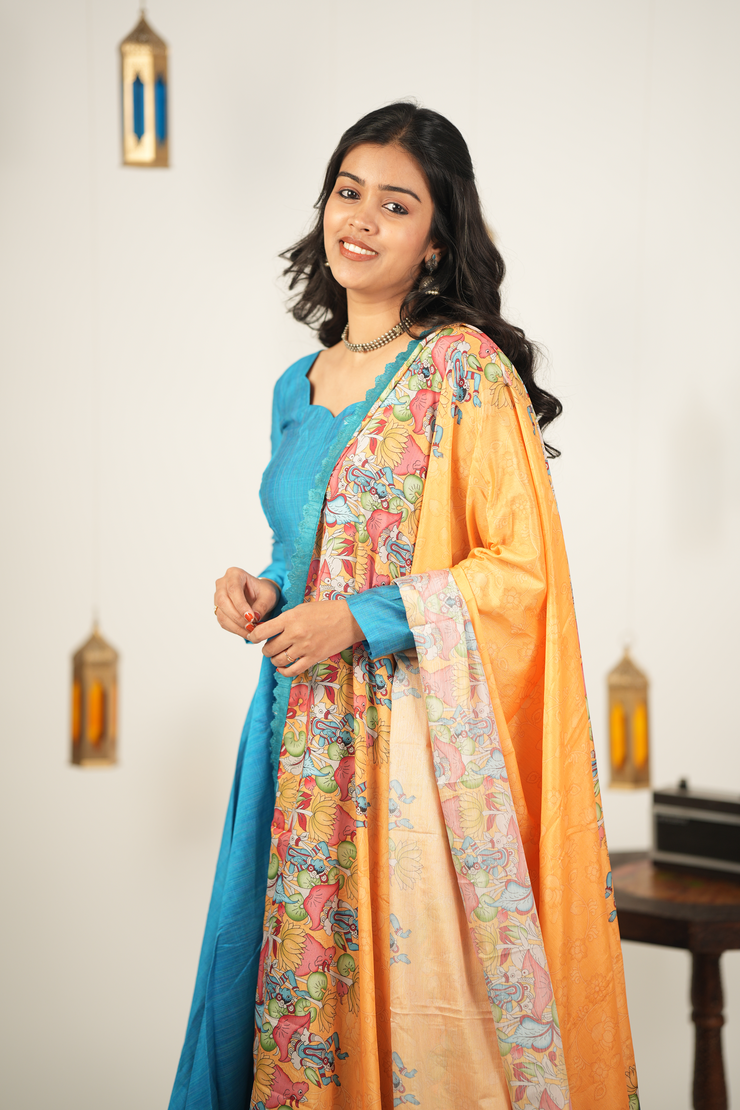 Sky Blue Semi Dupion Silk Kurti with Floral Dupatta