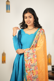 Sky Blue Semi Dupion Silk Kurti with Floral Dupatta