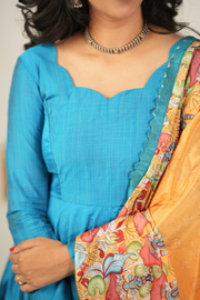 Sky Blue Semi Dupion Silk Kurti with Floral Dupatta