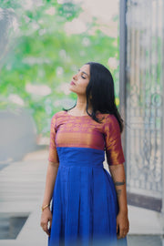 Royal Blue Narayanpet Silk Cotton Midi Dress with Zari Yoke