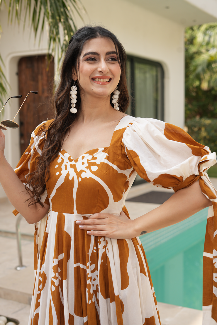 Mustard and White Cotton Maxi Dress