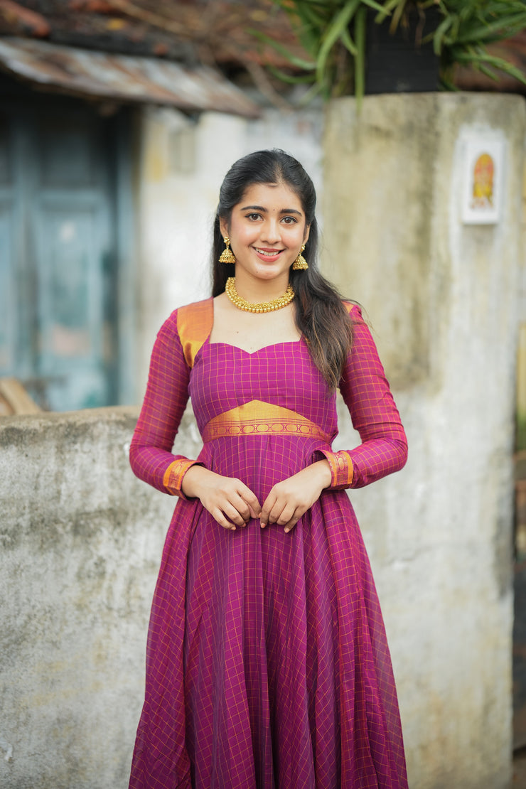 Pure and Soft Cotton Checked Anarkali with Zari Border