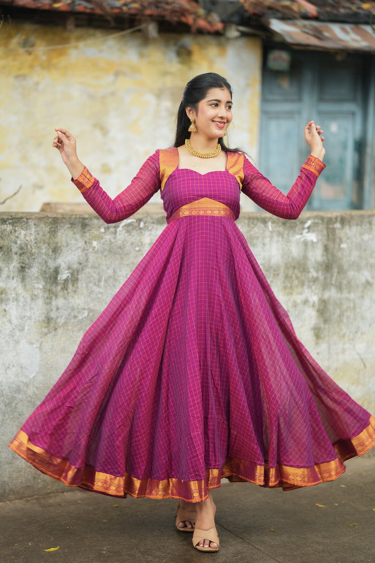 Pure and Soft Cotton Checked Anarkali with Zari Border