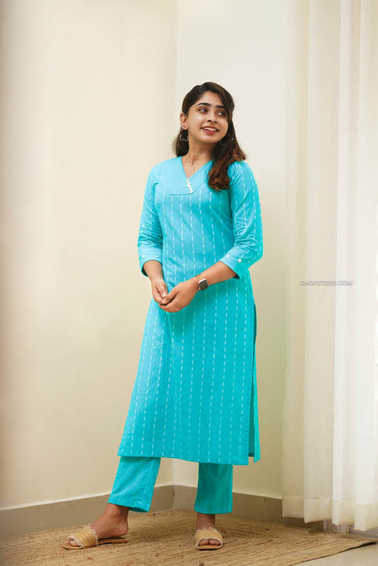 Turquoise Blue Handloom Co-ord Set