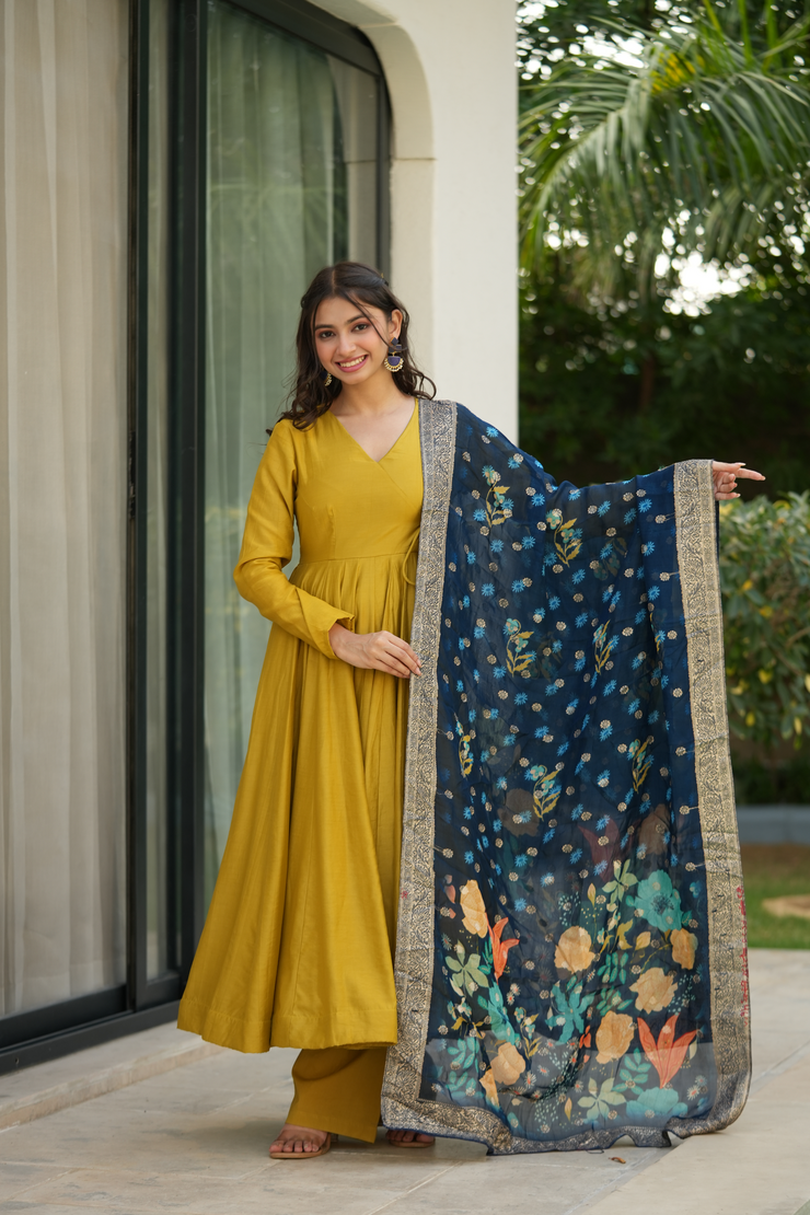 Yellow and Blue Silk Suit Set