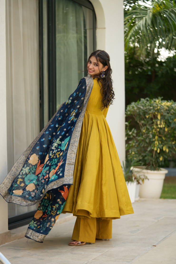 Yellow and Blue Silk Suit Set