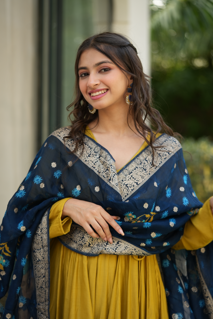 Yellow and Blue Silk Suit Set